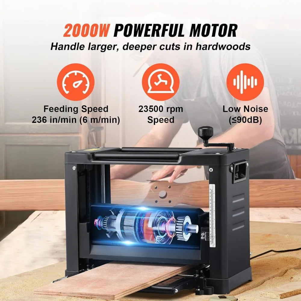 13 Inch Benchtop Thickness Planer, 15-Amp 2000W Motor, 12 Extended Infeed Table, Low Noise for Hard & Soft Wood