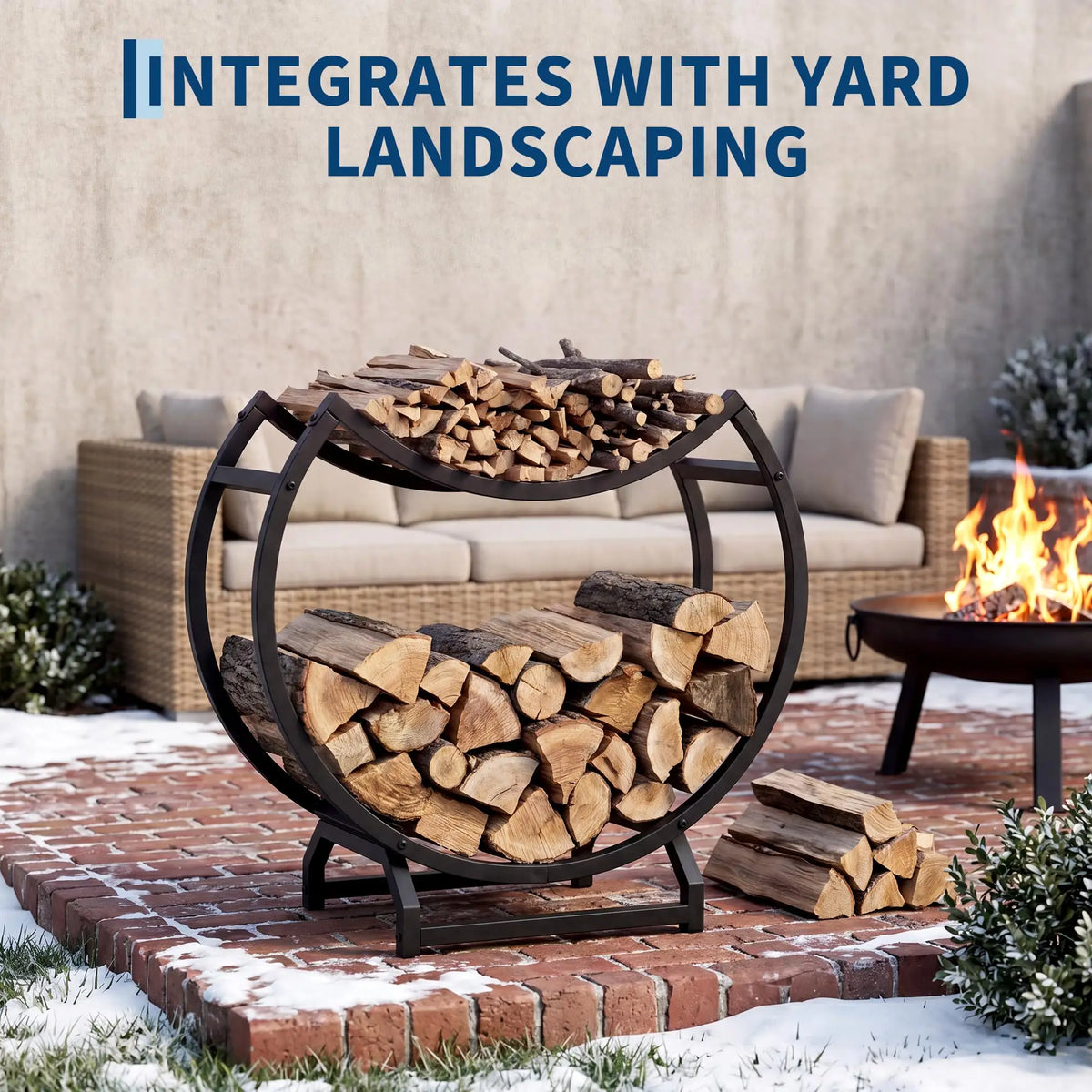 Round Firewood Rack Outdoor Indoor, Heavy Duty Wrought Iron Log Hoop Storage Holder, Circular Metal Wood Stacking Rack for Fireplace Fire Pit Hearth Patio Deck, Easy Tool-Free Setup
