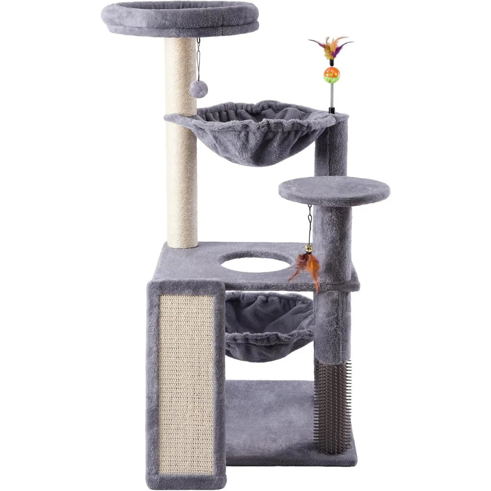 Multi Level Cat Tree Tower with Large Hammock Self Grooming Brush Scratch Ladder and Posts for Indoor Climbing Activity