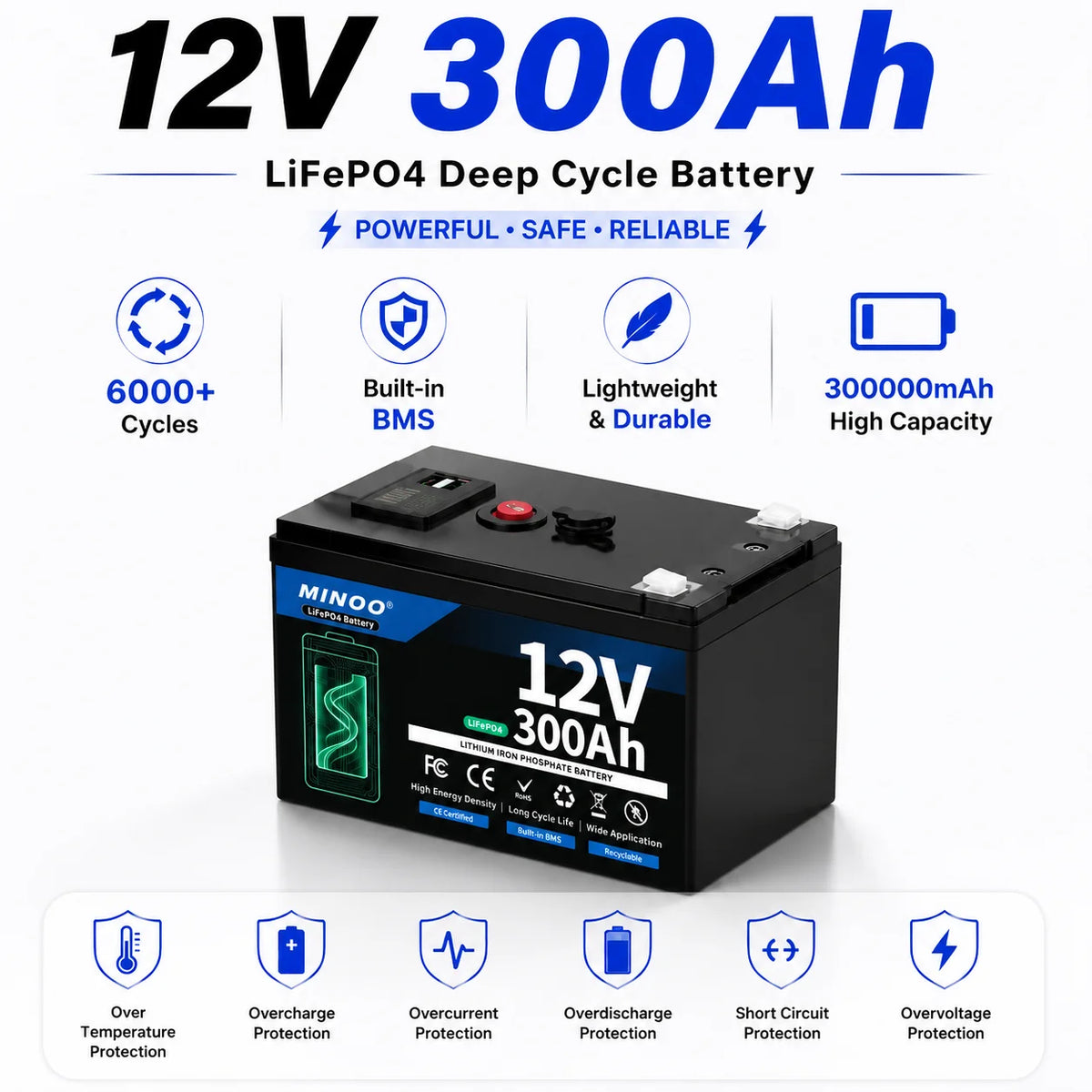 LiFePO4 12V 300AH 12V 200AH Battery Free Charger 12V Lithium Battery Built-In 300A BMS 6000+ Cycle For Solar RV Marine Energy