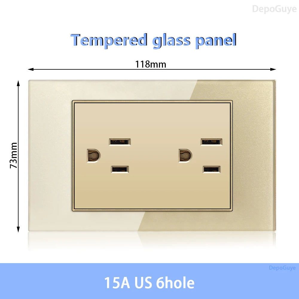 American Standard Dual Wall Usb Plug Socket, Household Mexico US Tempered Glass Light Switch Outlet Adapter Type-C Fast Charging