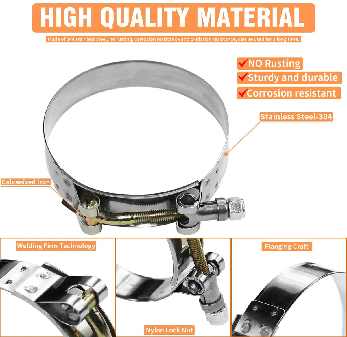 4pcs Exhaust Clamp T Bolt Hose Clamps 1.5"/44-52mm Repair Tool Welding Hardware Stainless Steel 304 Adjustable Metal Pipe Clip