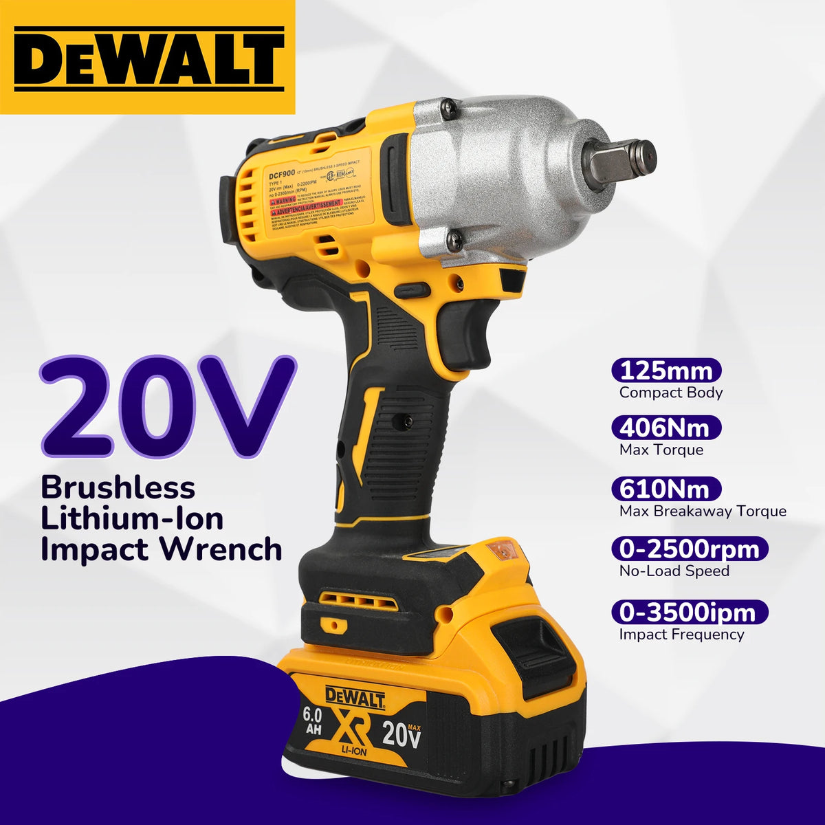 Dewei DCF900 20v Wireless impact wrench, High torque Brushless Impact Gun, 1/2 Universal battery electric tools
