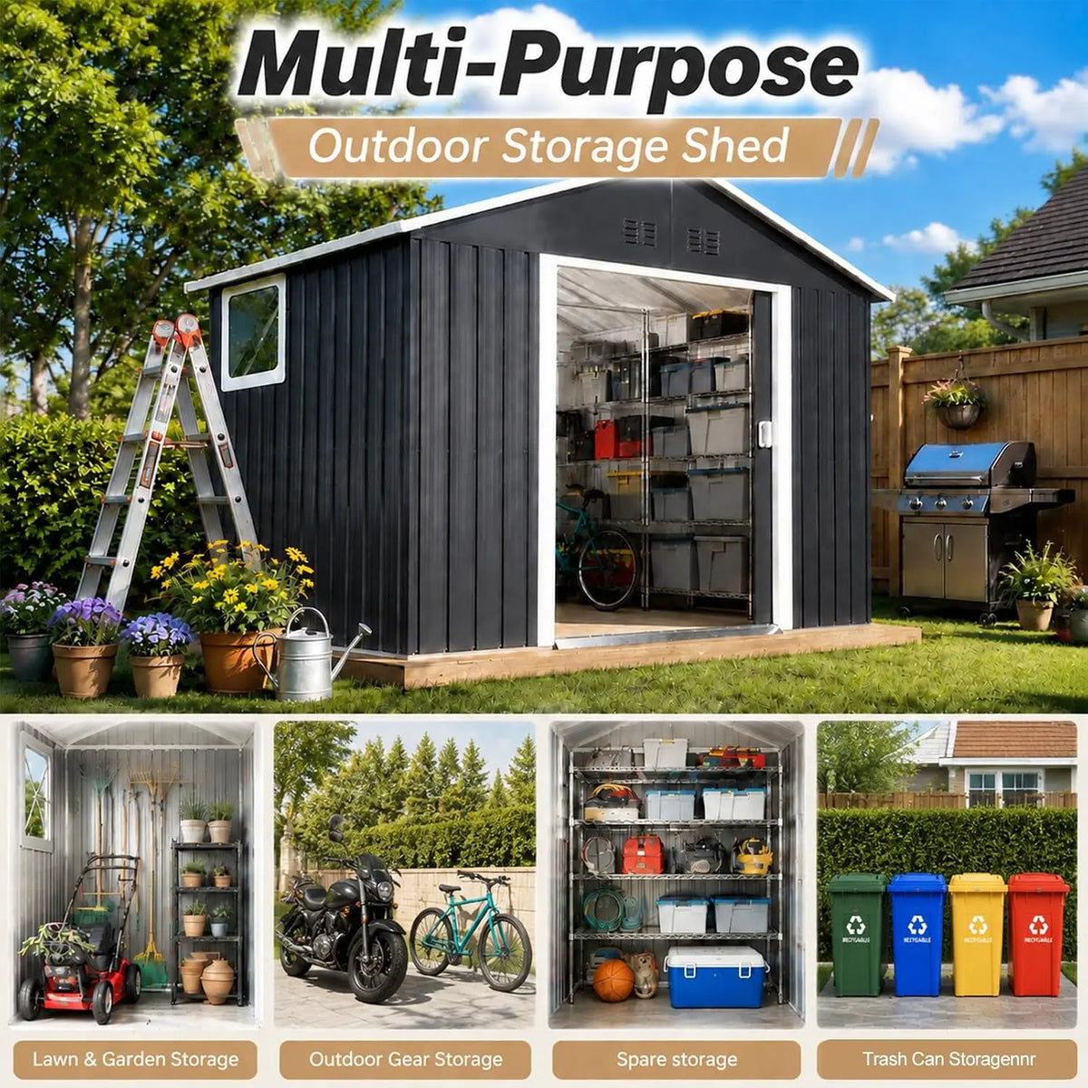 9x6.5 FT Outdoor Storage Shed, Metal Tool Shed with Windows & Secure Lockable Doors, Ideal Storage Garden Shed for, Custom