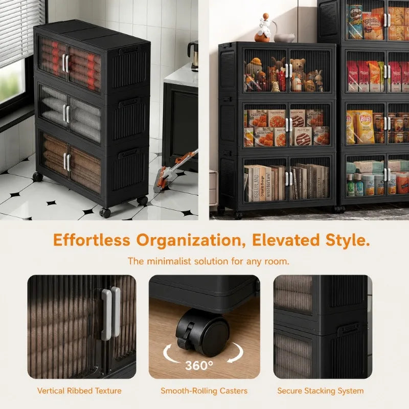 5‑Tier Foldable Plastic Storage Cabinet with Rolling Wheels, Stackable Closet Organizer with Flap Doors, Multifunctional Dust‑Proof Storage Shelf for Bedroom Living‑Room Kitchen