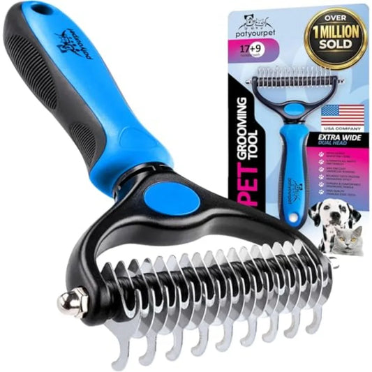 Deshedding dog brush for indoor cats and dogs double-sided, skin-friendly tool in gray, stainless steel and silicone, gentle on
