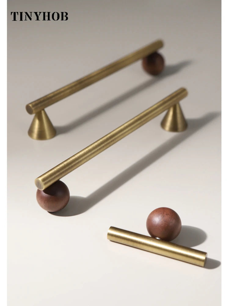 Bronze Brass + Walnut Wood  Cabinet Handle and Knob Drawer Knobs T Bar Bedroom Kitchen Cupboard Hardware / Drawer Handles