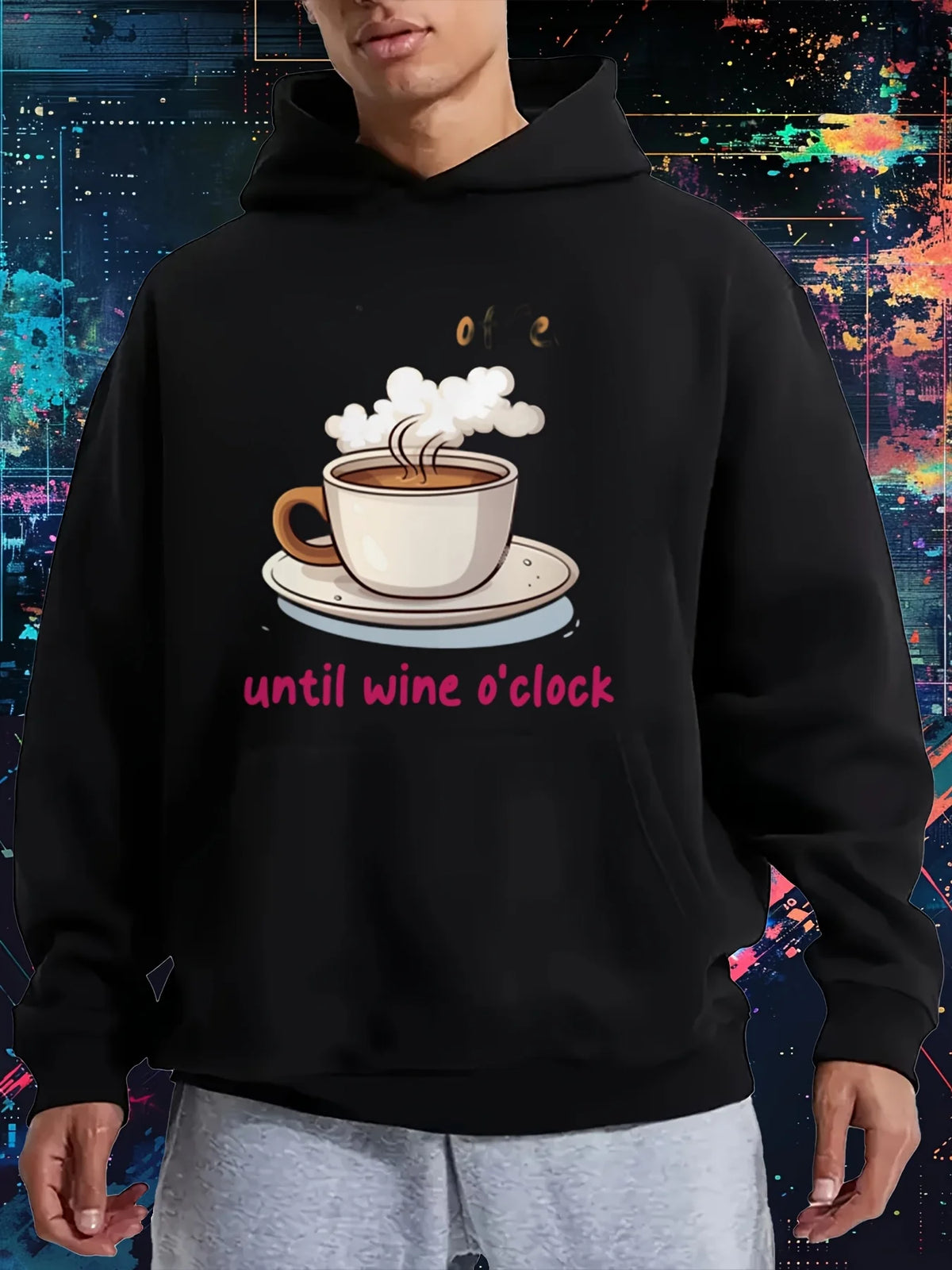 Men's Fun Coffee and Wine Pattern Hoodie - I Drink Coffee Until Wine Time Sweatshirt, Featuring Coffee Cup and Wine Design, Front Print, Casual Pullover for Spring, Autumn, and Winter, Comfortable Casual Clothing, Suitable fo