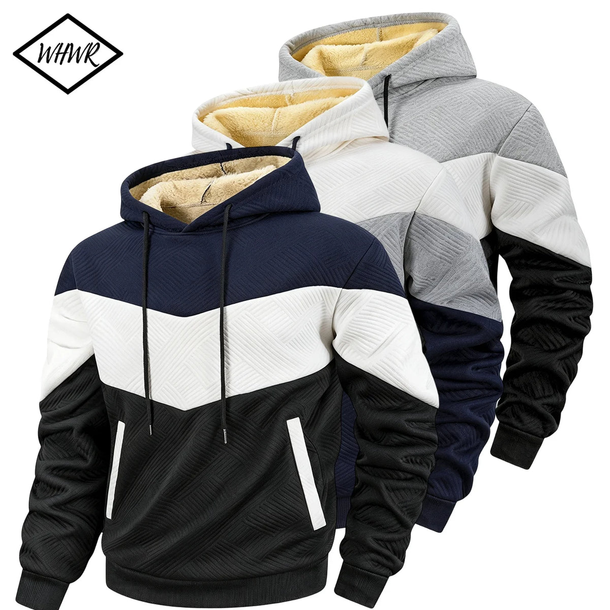 Men's Hooded Pullover Sweatshirt Sherpa Lined Chevron Colorblock Winter Warm Fleece Hoodie Sweatshirt Zipper Pockets Casual Daily Wear