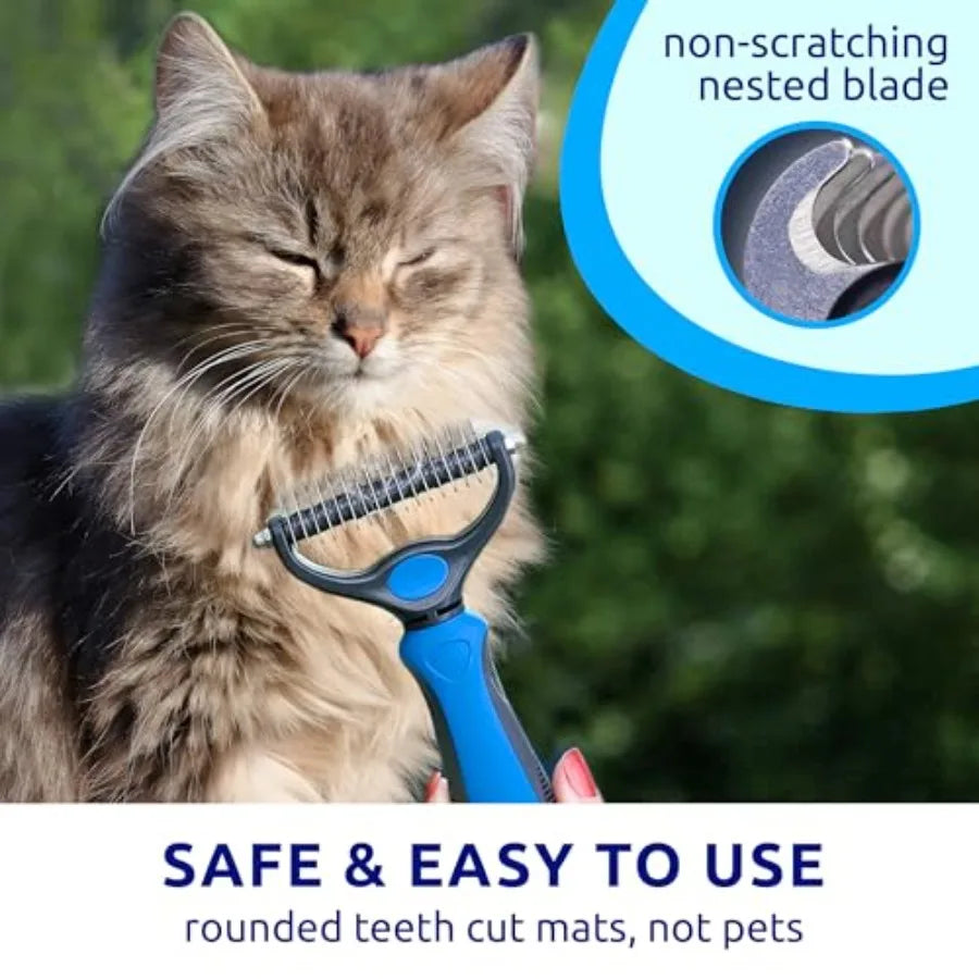 Deshedding dog brush for indoor cats and dogs double-sided, skin-friendly tool in gray, stainless steel and silicone, gentle on