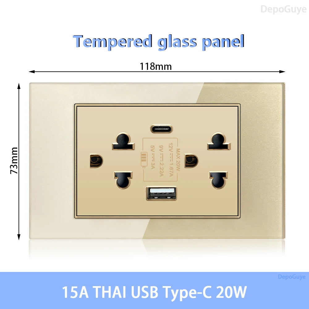 American Standard Dual Wall Usb Plug Socket, Household Mexico US Tempered Glass Light Switch Outlet Adapter Type-C Fast Charging