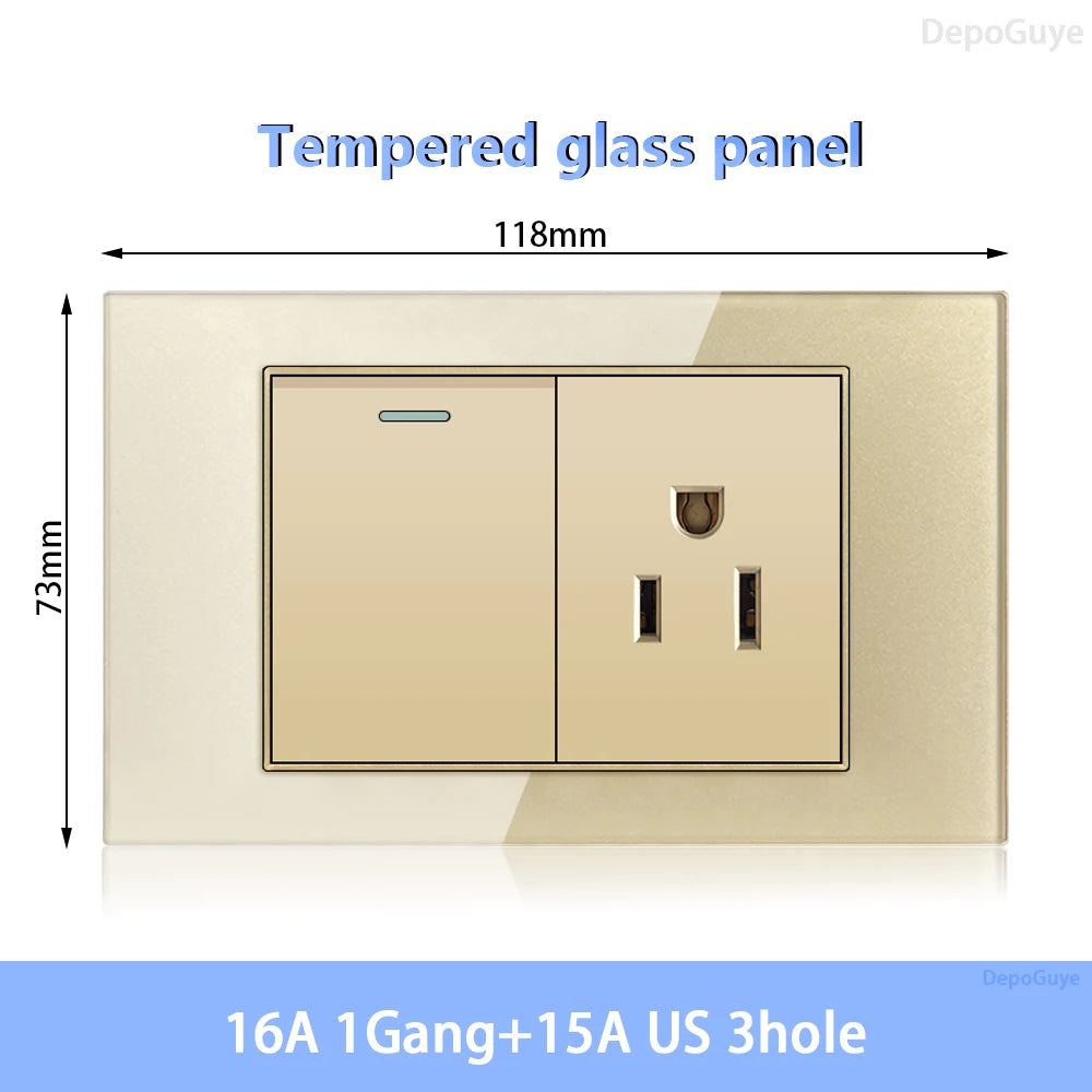 American Standard Dual Wall Usb Plug Socket, Household Mexico US Tempered Glass Light Switch Outlet Adapter Type-C Fast Charging