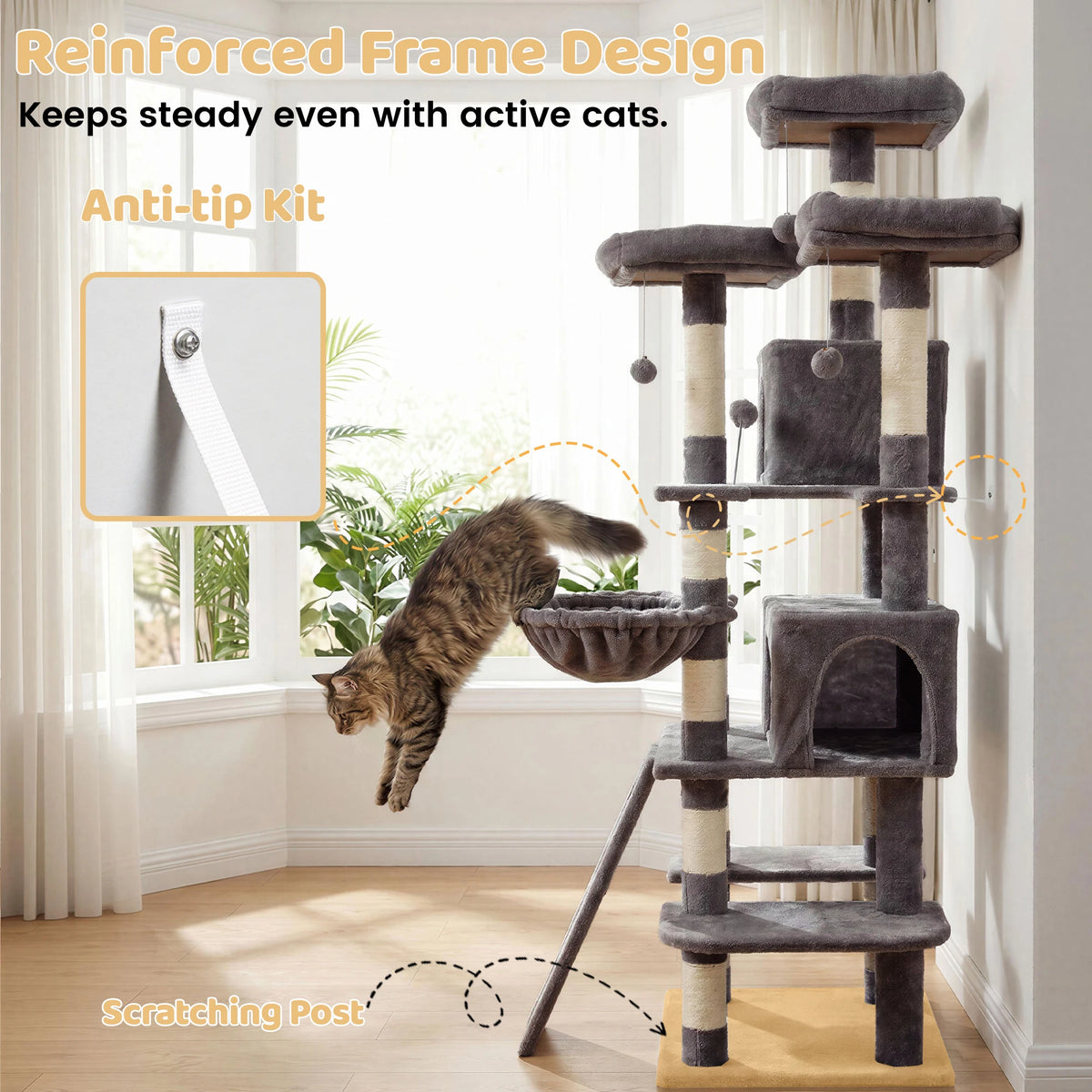 FOOWIN 173cm 68in Large Multi Level Cat Tree Tower Indoor Activity Center 2 Condos 3 Plush Perches Scratching Post Kitten Pet