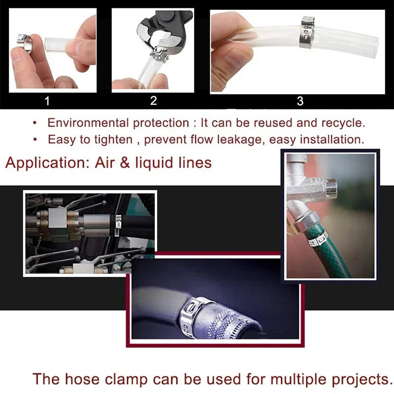 130pcs Single Ear Stepless Hose Clamps 5.8-21mm 304 Stainless Steel Hose Clamps Cinch Clamp Rings or 1PC Hose Clip Clamp Pliers