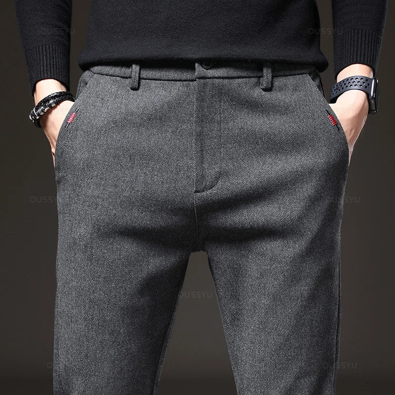 Autumn Winter Men's Casual Pants Solid Color Business Elastic Waist Slim Fit Stretch Thick Gray Black Blue Cotton Trousers Male