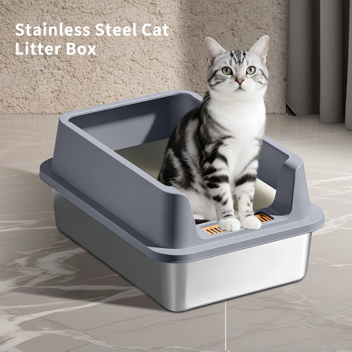 Large Stainless Steel Cat Litter Box With Anti-Tipping Anti-Slip Anti-Scratch Features Removable And Easy To Clean Suitable For Pet Cats