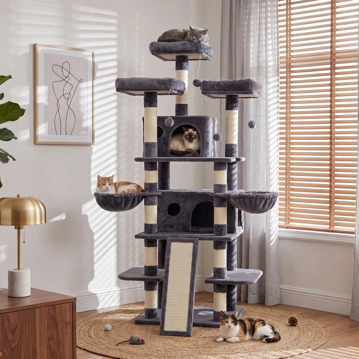 FOOWIN 173cm 68in Large Multi Level Cat Tree Tower Indoor Activity Center 2 Condos 3 Plush Perches Scratching Post Kitten Pet