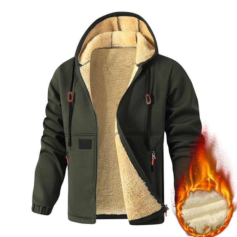Men Fleece Lined Hooded Sweatshirt Thick Sherpa Lined Zip Up Hoodie Hiking Jacket Zipper Pockets Winter Thermal Casual Outerwear