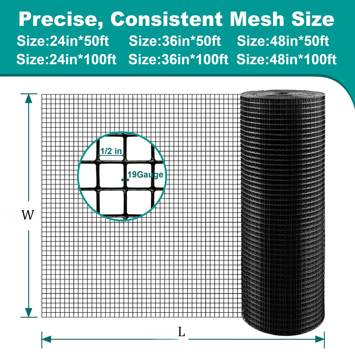 Black Hardware Cloth, 1/2 inch 19 Gauge PVC Wire Mesh Roll Welded Wire Fence for Poultry Netting, Chicken Coop & Pet Cage