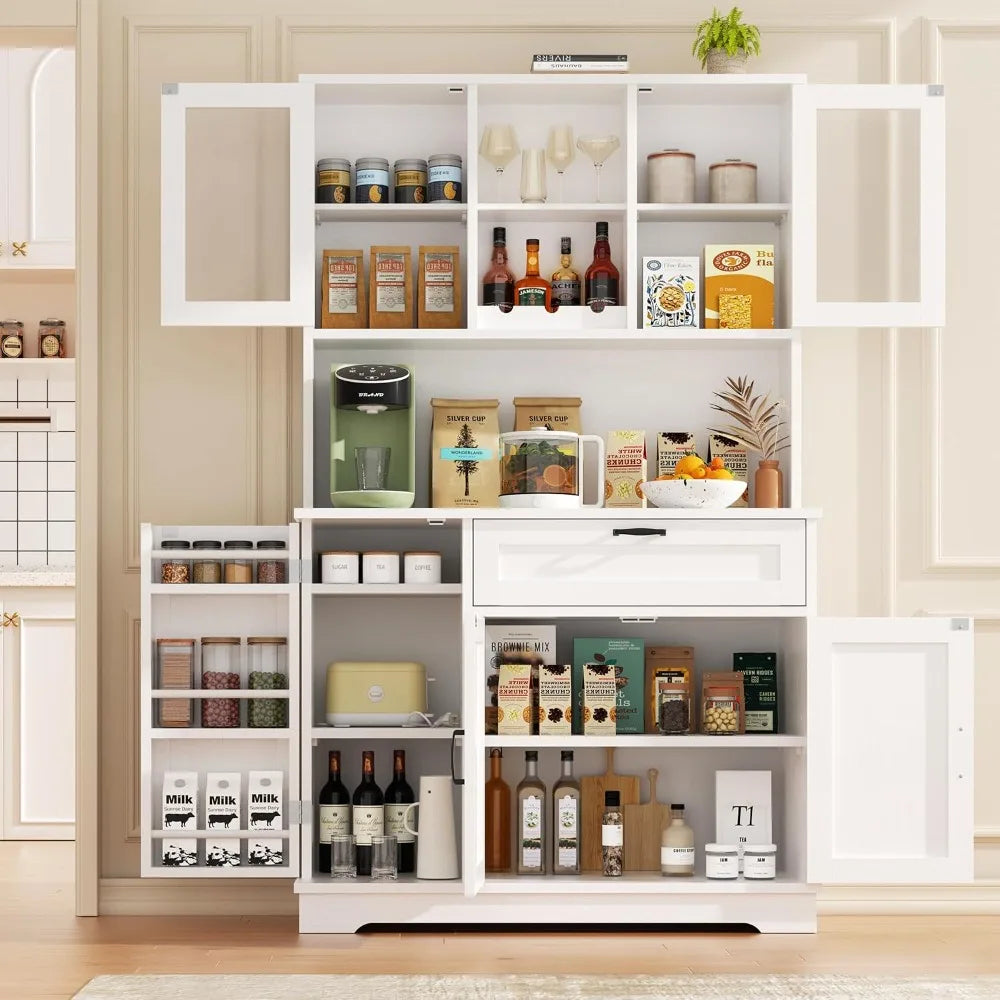 Vongrasig Kitchen Pantry Cabinet, Large Farmhouse Hutch with Microwave Stand, Tall Food Storage for Dining Room, White
