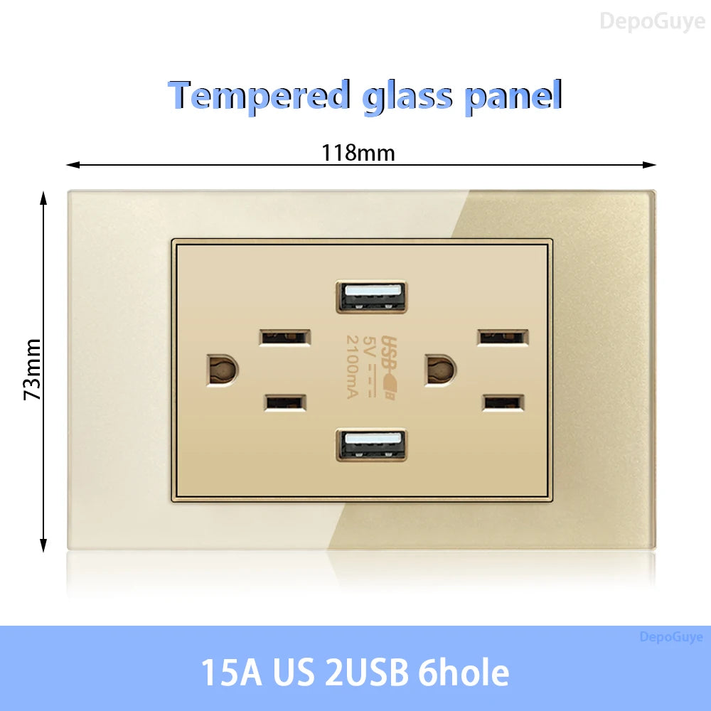 American Standard Dual Wall Usb Plug Socket, Household Mexico US Tempered Glass Light Switch Outlet Adapter Type-C Fast Charging