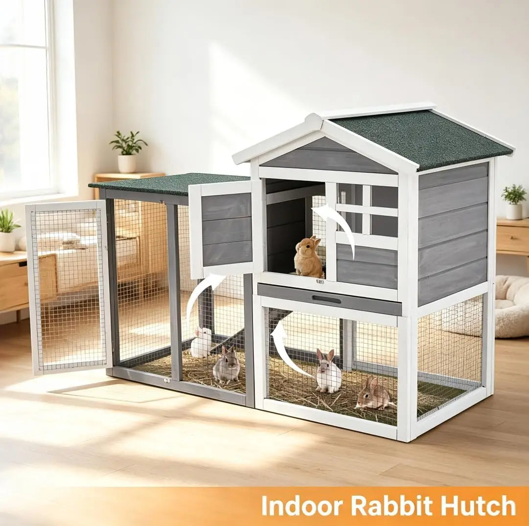 Garvee 48" 2‑Story Wooden Bunny Hutch Indoor 2-Tier With 3 Removable Trays Rabbit Cage Waterproof Roof Bunny House Outdoor Coop For Pig Small Animal Outdoor