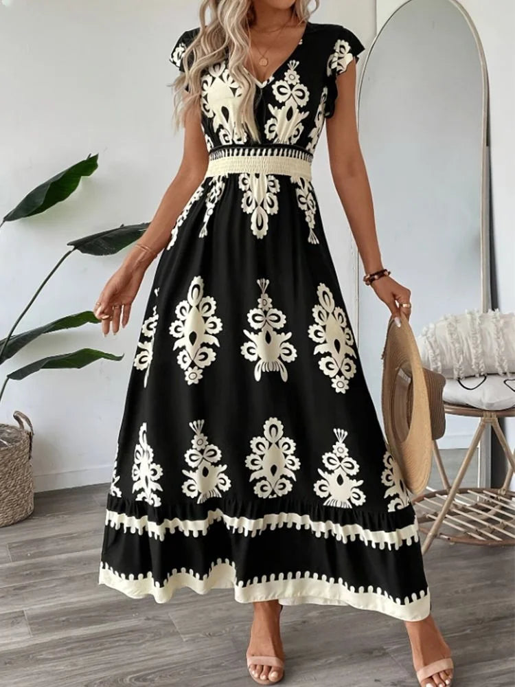 Women Elegant V Neck Short Sleeves Dresses Geometric Pattern Vacation Style Floral Print Dress Beach Sundress Size S-XXL