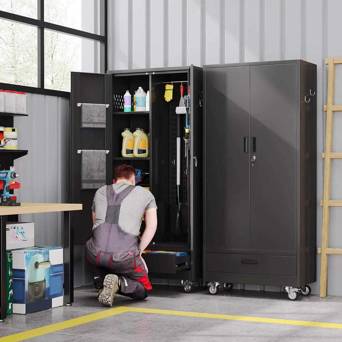31.5 Inch Wide Metal Garage Storage Cabinet on Wheels with 1 Drawer And 3 Adjustable Shelves Customizable Organization Solution