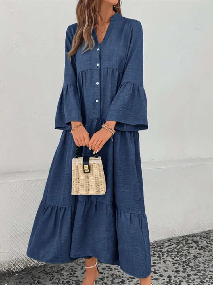 Simple V-neck Long Dress Button Solid Color Loose Long Dress Lady Trendy Elegant Long Skirt Trend Clothes For Lady High Street