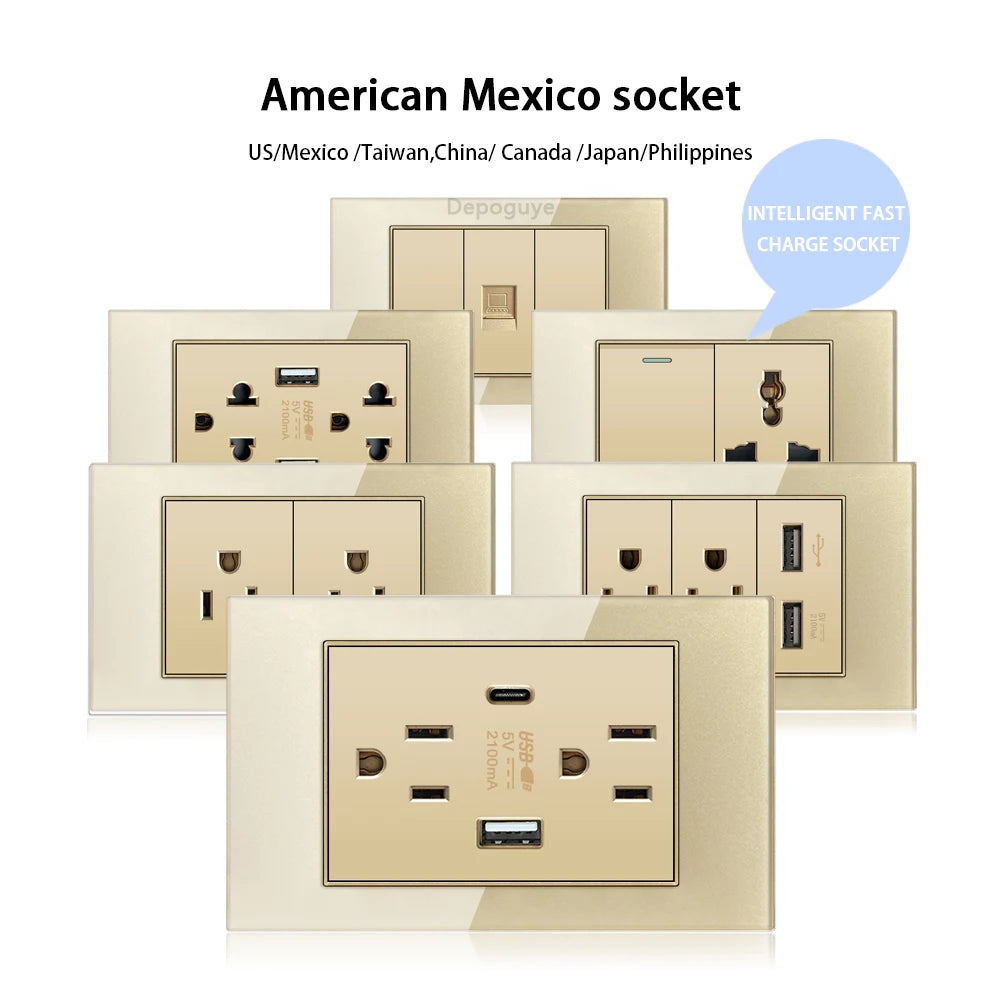 American Standard Dual Wall Usb Plug Socket, Household Mexico US Tempered Glass Light Switch Outlet Adapter Type-C Fast Charging