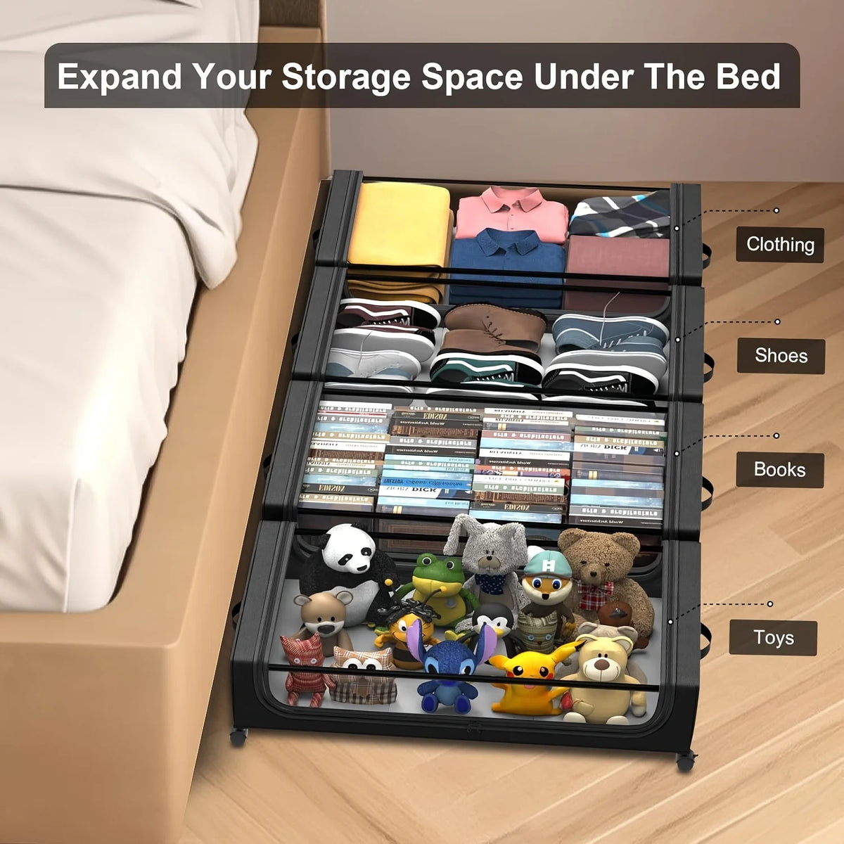 2026 Underbed Storage Container With Wheels Lids Space Saving Pull Out Organizer for Clothes Shoes Bedroom Dorm Household Use