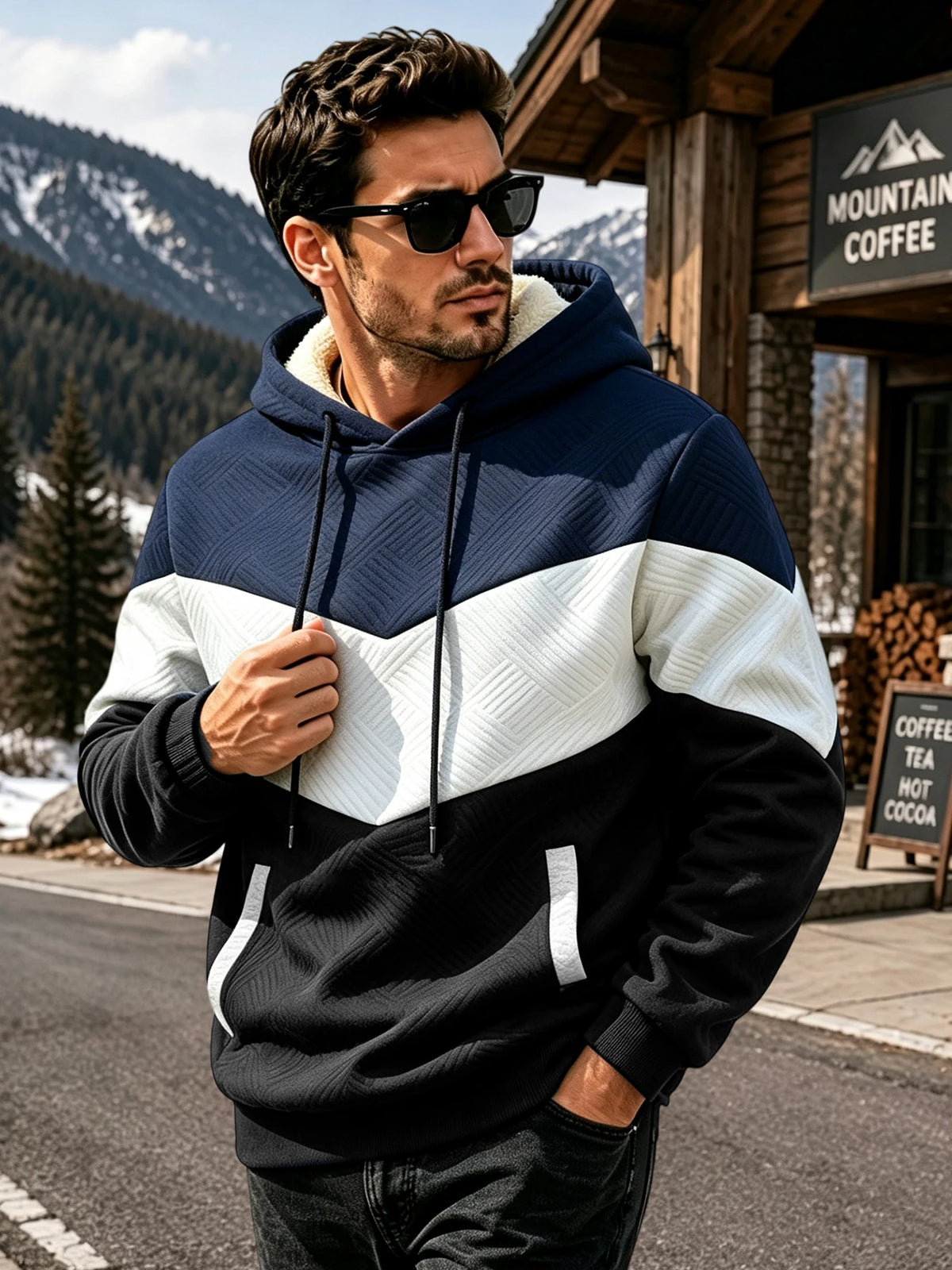 Men's Hooded Pullover Sweatshirt Sherpa Lined Chevron Colorblock Winter Warm Fleece Hoodie Sweatshirt Zipper Pockets Casual Daily Wear
