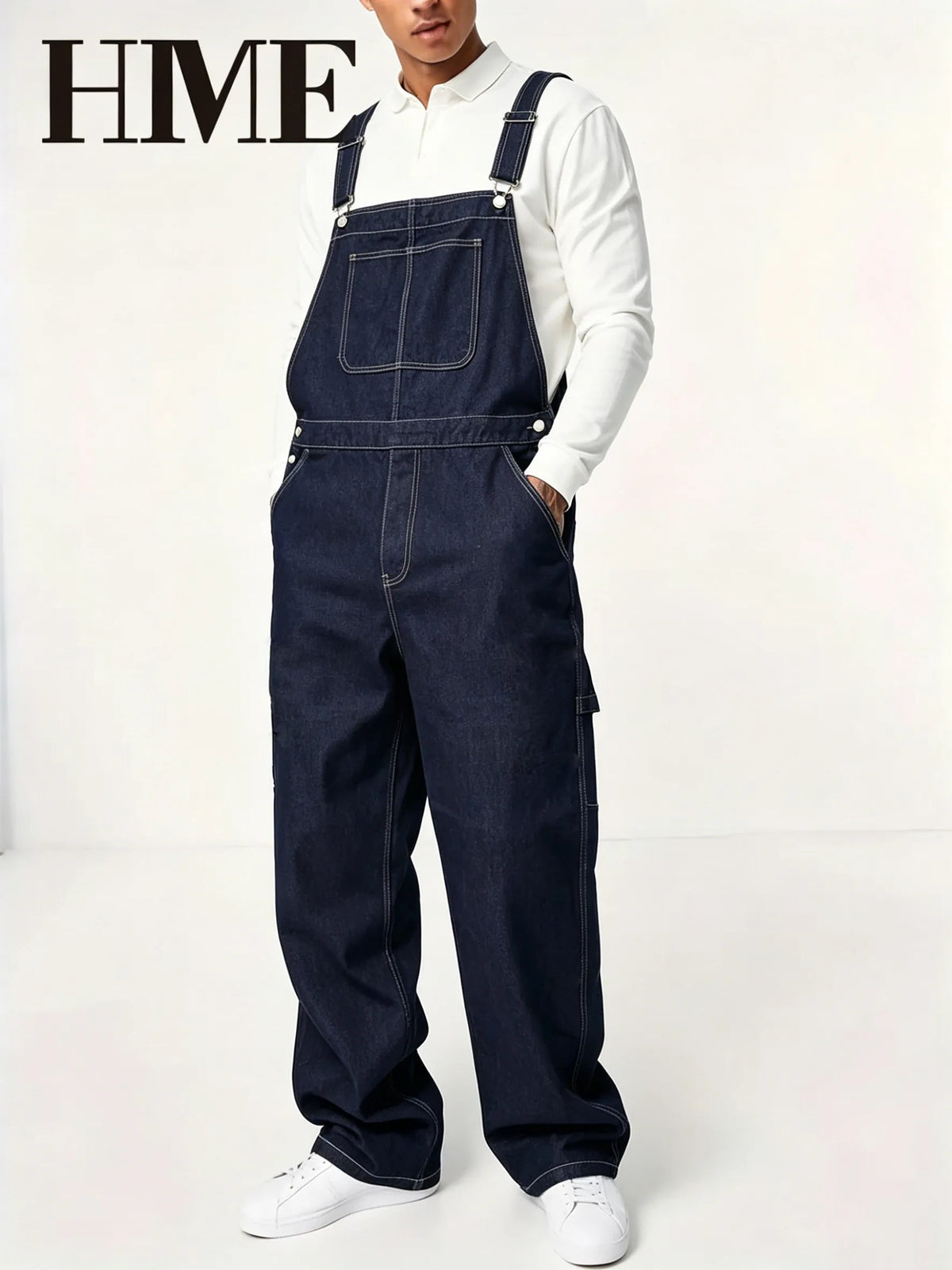 【HME】Men's Jeans | American Workwear Style Denim Overalls Pants Match Polo Shirts, Tees and Sweatshirts Perfectly, Versatile Design Fits Daily Outings and Retro Styling, Timeless Dark Wash Tone Creates Layered Looks Acros