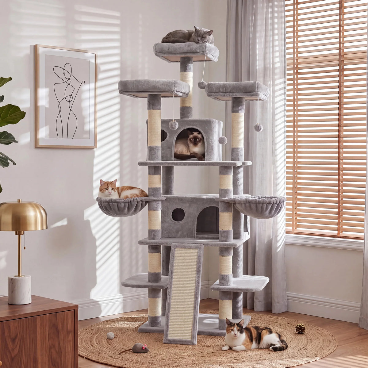 FOOWIN 173cm 68in Large Multi Level Cat Tree Tower Indoor Activity Center 2 Condos 3 Plush Perches Scratching Post Kitten Pet