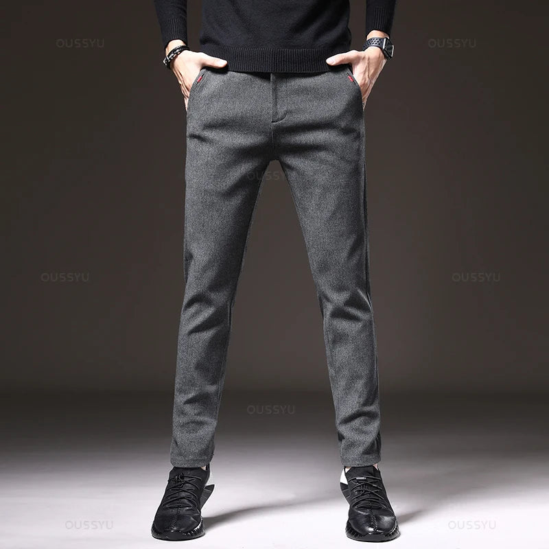 Autumn Winter Men's Casual Pants Solid Color Business Elastic Waist Slim Fit Stretch Thick Gray Black Blue Cotton Trousers Male