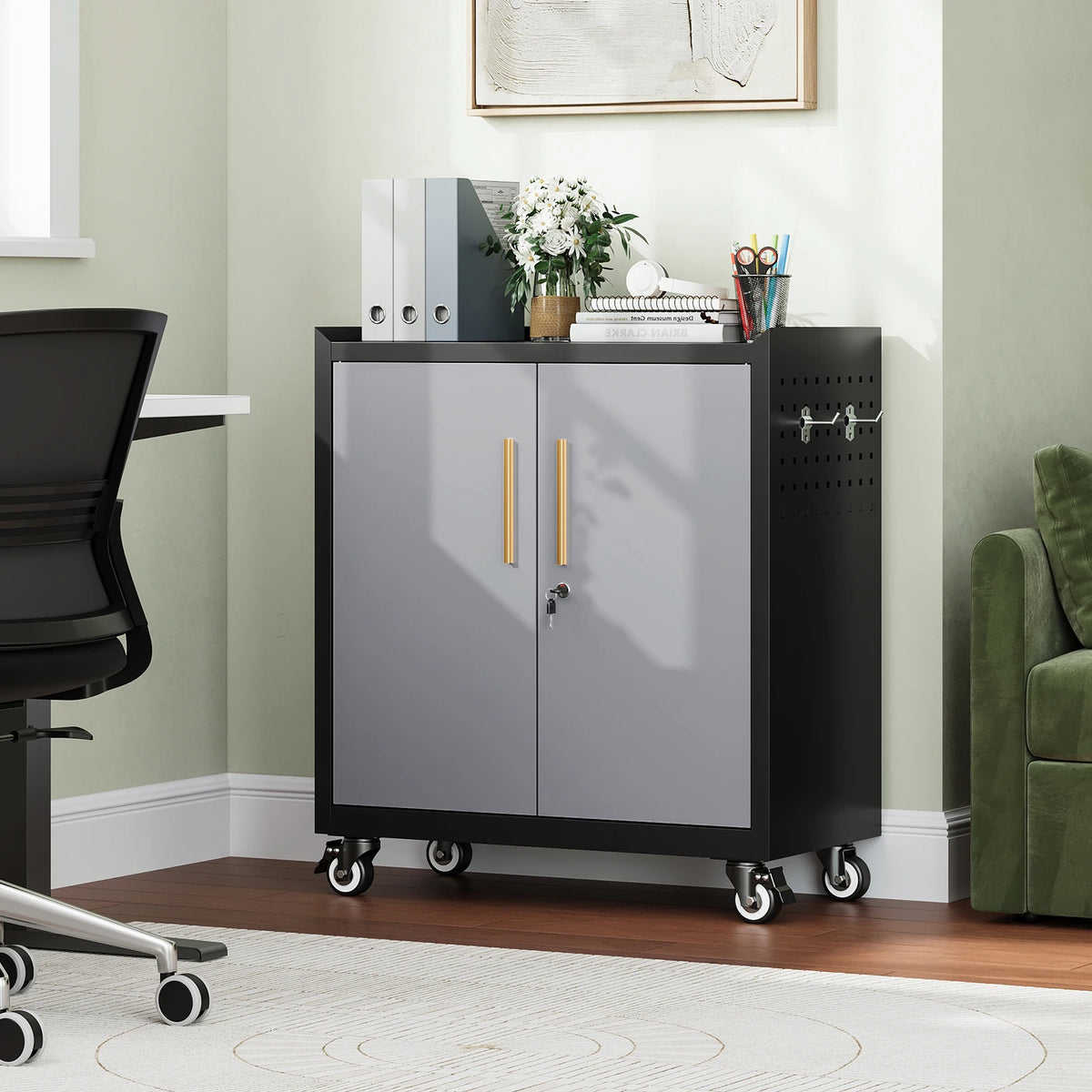 Mobile metal storage cabinet with wheels,34”h cabinet with locking doors and 2 adjustable shelves for home office Warehouse,black gray