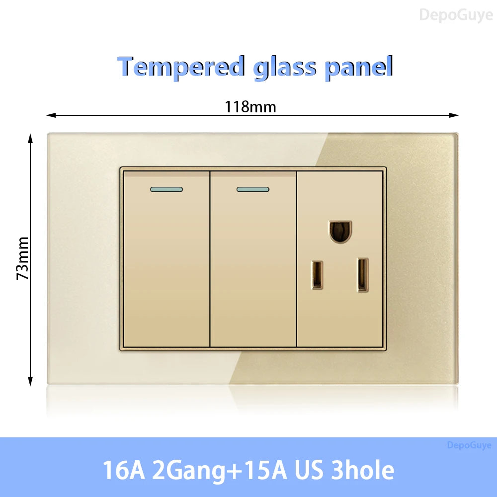 American Standard Dual Wall Usb Plug Socket, Household Mexico US Tempered Glass Light Switch Outlet Adapter Type-C Fast Charging