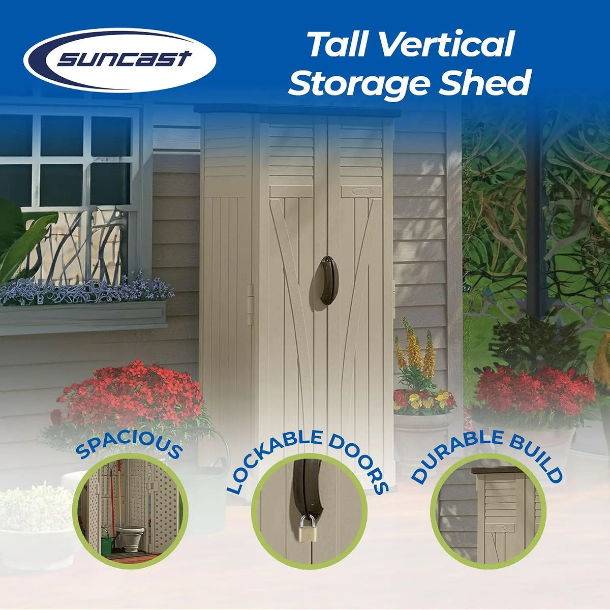 Vertical Shed, Compact Outdoor Storage System, 22 Cu. Ft. Capacity, Sand & Mustang - Lockable Multi-Wall Resin, Custom