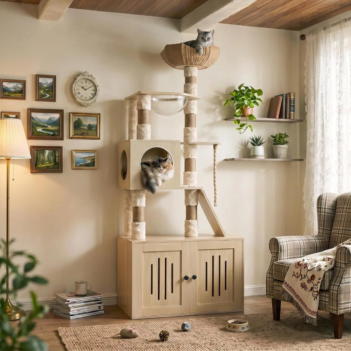 66.9-Inch Tall Cat Tree with Litter Box Enclosure, Cat Condo, Multi-Level Perches & Scratching Posts for Cats