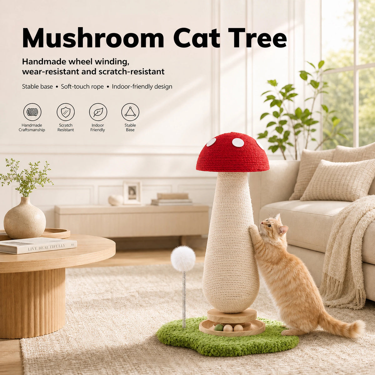 21'' Mushroom Cat Scratching Post with Sisal Rope & Interactive Turntable Ball, Compact Vertical Cat Tree for Small Spaces, Multi-Cat Homes, Apartment-Friendly Claw Protector