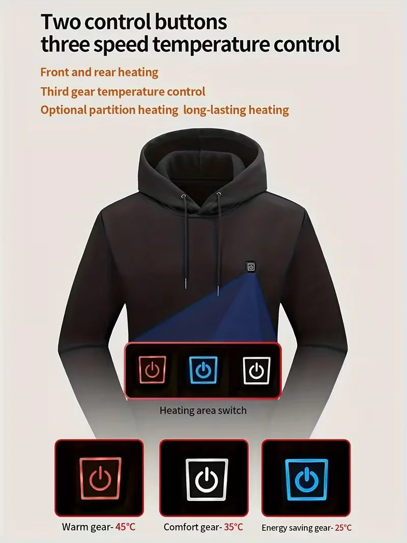Men's Winter Electric Heated Hoodie Smart Thermo Sweatshirt Adjustable 3 Levels Heat Not including Power Bank for Outdoor Commuting Camping