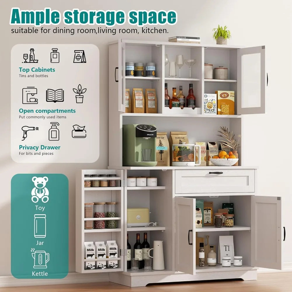 Vongrasig Kitchen Pantry Cabinet, Large Farmhouse Hutch with Microwave Stand, Tall Food Storage for Dining Room, White