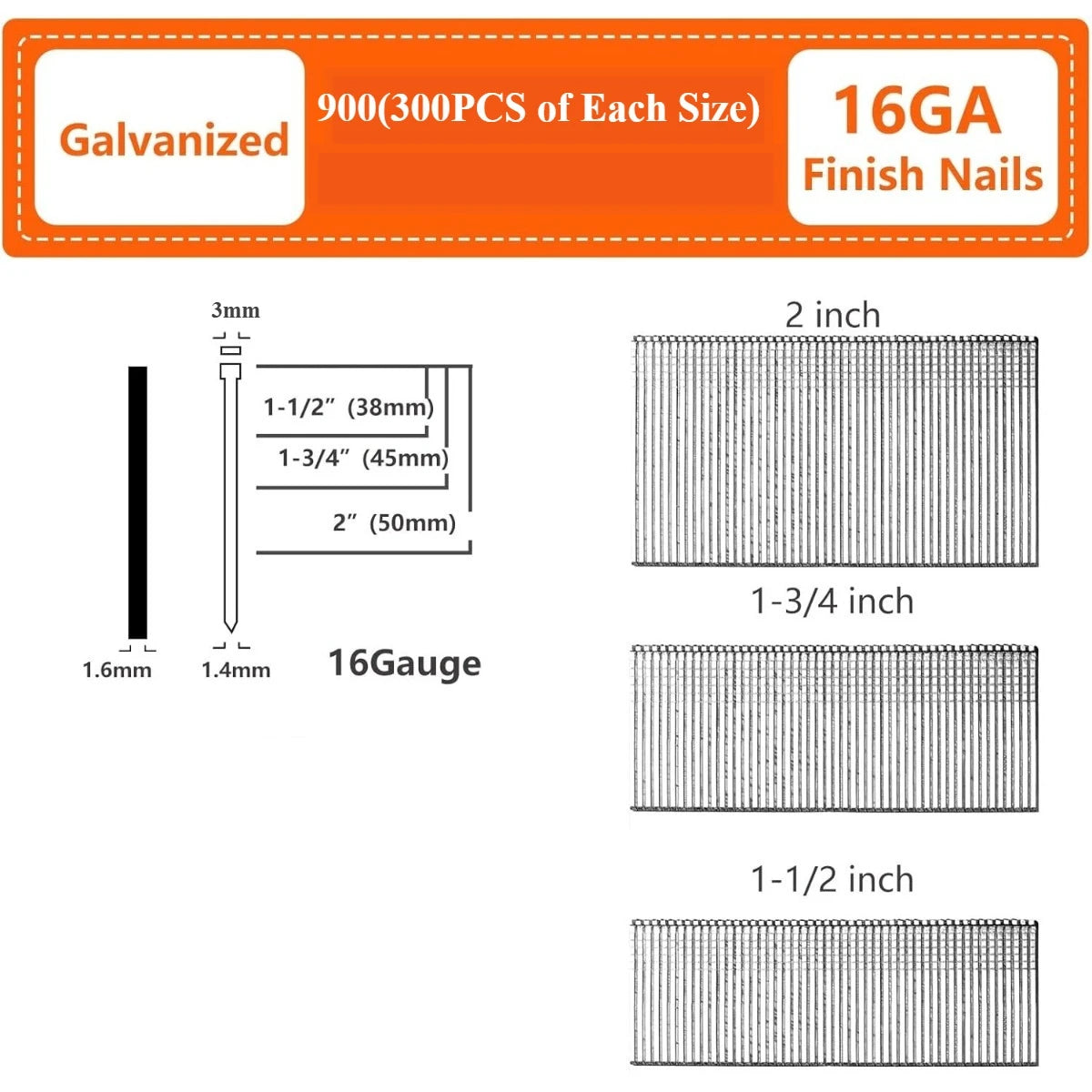 Straight Finish Nails, 16 Gauge, 900/1500/2500-Pack (1-1/2", 1-3/4", 2"), Galvanized, Assorted Size Project Pack