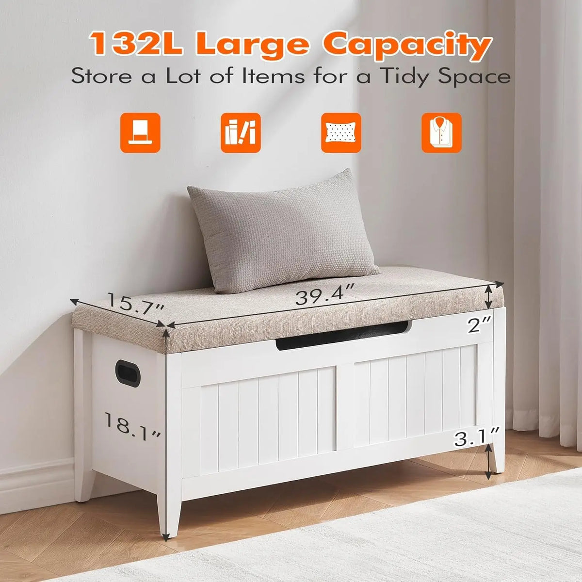 GAOMON Storage Bench with Cushion, 39.4 Inch Large Wooden Chest with Safety Hinges, Flip-Top Entryway Shoe Bench & Living Room Storage Trunk, Easy Assembly, Holds 260 lbs, White