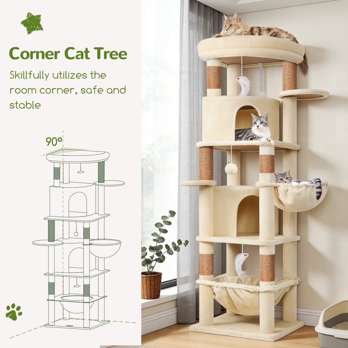 Globlazer 68" Cat Tree Tower for Indoor Cats, Aesthetic Multi-Level Cat Climbing Activity Center with 2 Condos, 2 Hammocks, Sisal Scratching Posts for 2-3 Medium Large Cats