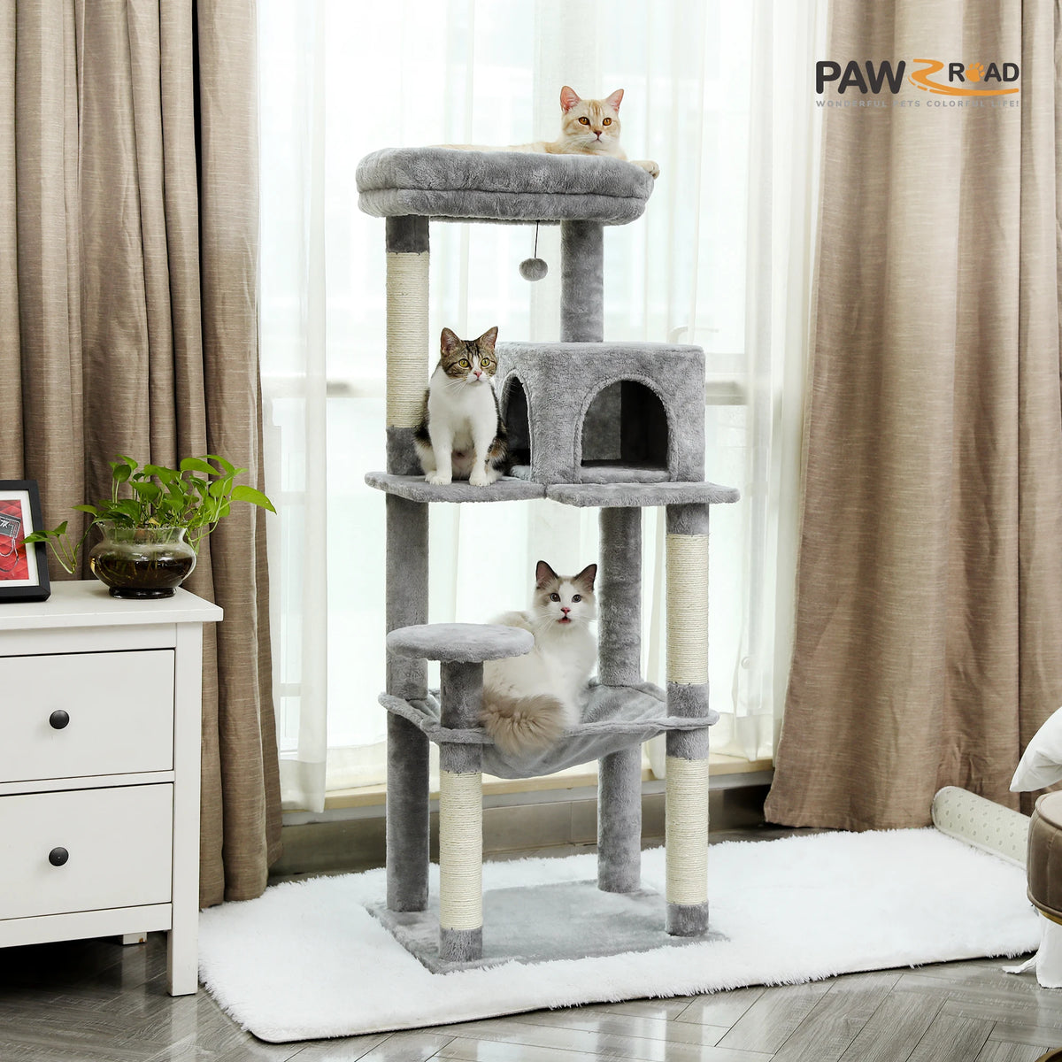Cat Tree for Indoor Cats 5-Level Cat Tower for Large Cats with Large Hammock Sisal Covered Scratching Posts Cozy Condo Top Perch