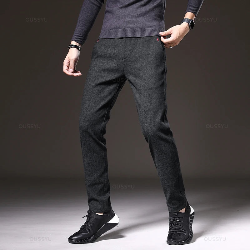 Autumn Winter Men's Casual Pants Solid Color Business Elastic Waist Slim Fit Stretch Thick Gray Black Blue Cotton Trousers Male