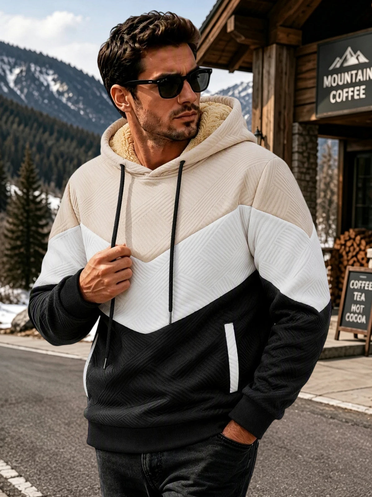 Men's Hooded Pullover Sweatshirt Sherpa Lined Chevron Colorblock Winter Warm Fleece Hoodie Sweatshirt Zipper Pockets Casual Daily Wear
