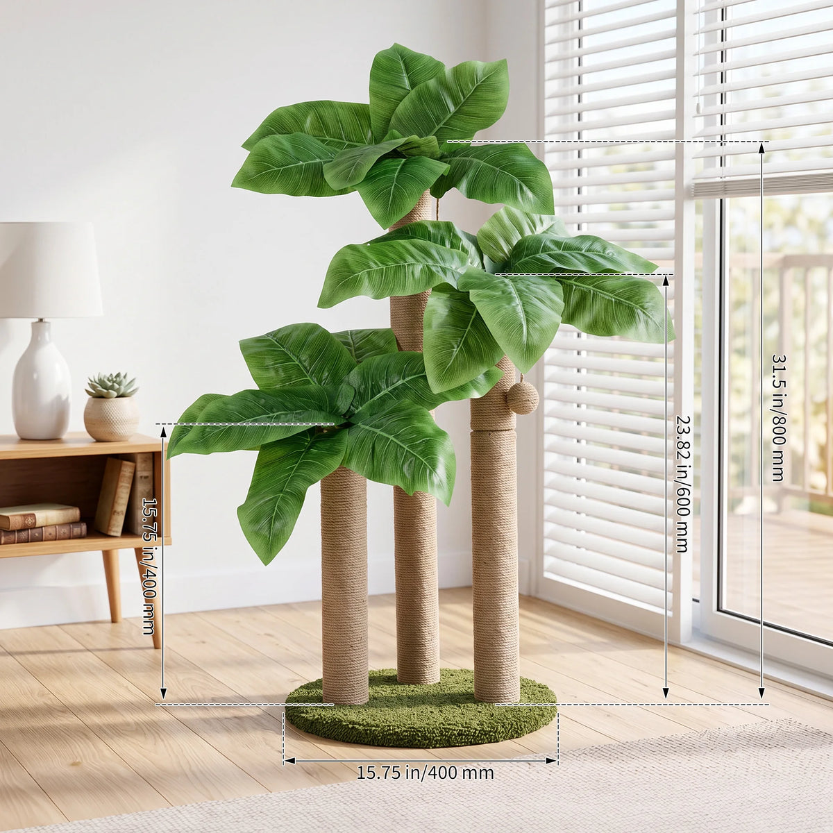 31.5 Exotic Cat Tree Scratching Post With 3 Sisal Poles Canna Leaf Design Weighted Base And Dangling Toy Decorative Indoor Cat Furniture For Kittens And Adult Cats