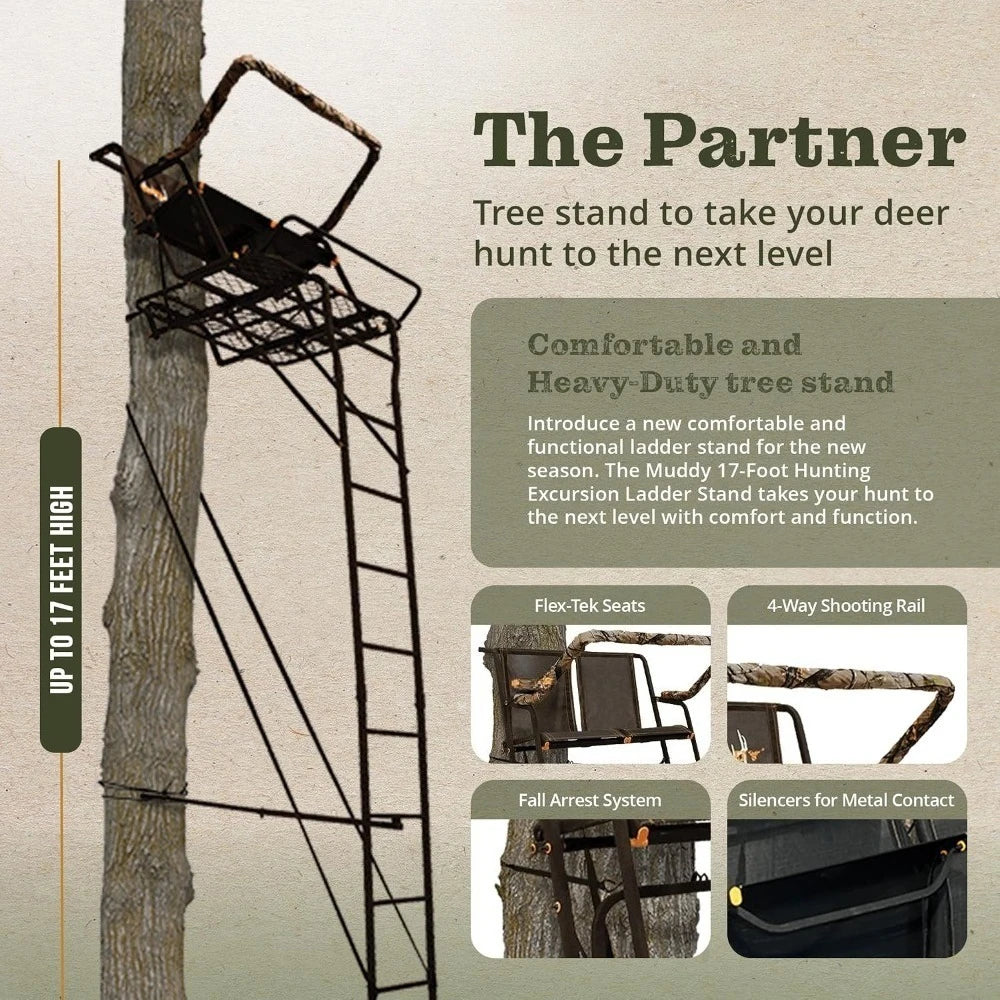 2-Person Ladder Tree Stand 17' Tall for Deer Hunting, Black with Safety Harness